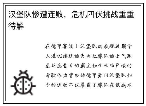 汉堡队惨遭连败，危机四伏挑战重重待解